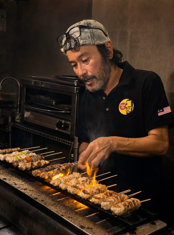 Chef Daiji Murasaki grilling yakitori at the counter