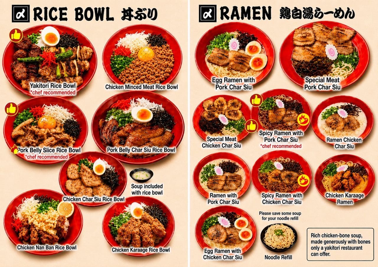 Yakitori Lab Murasaki menu — rice bowls and ramen